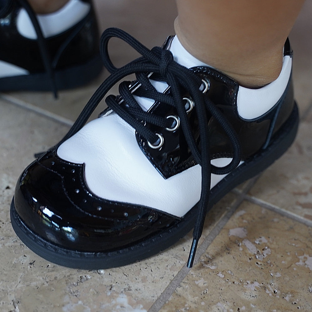 Boys Ainslie Patent Black and White Saddle Dress Shoe