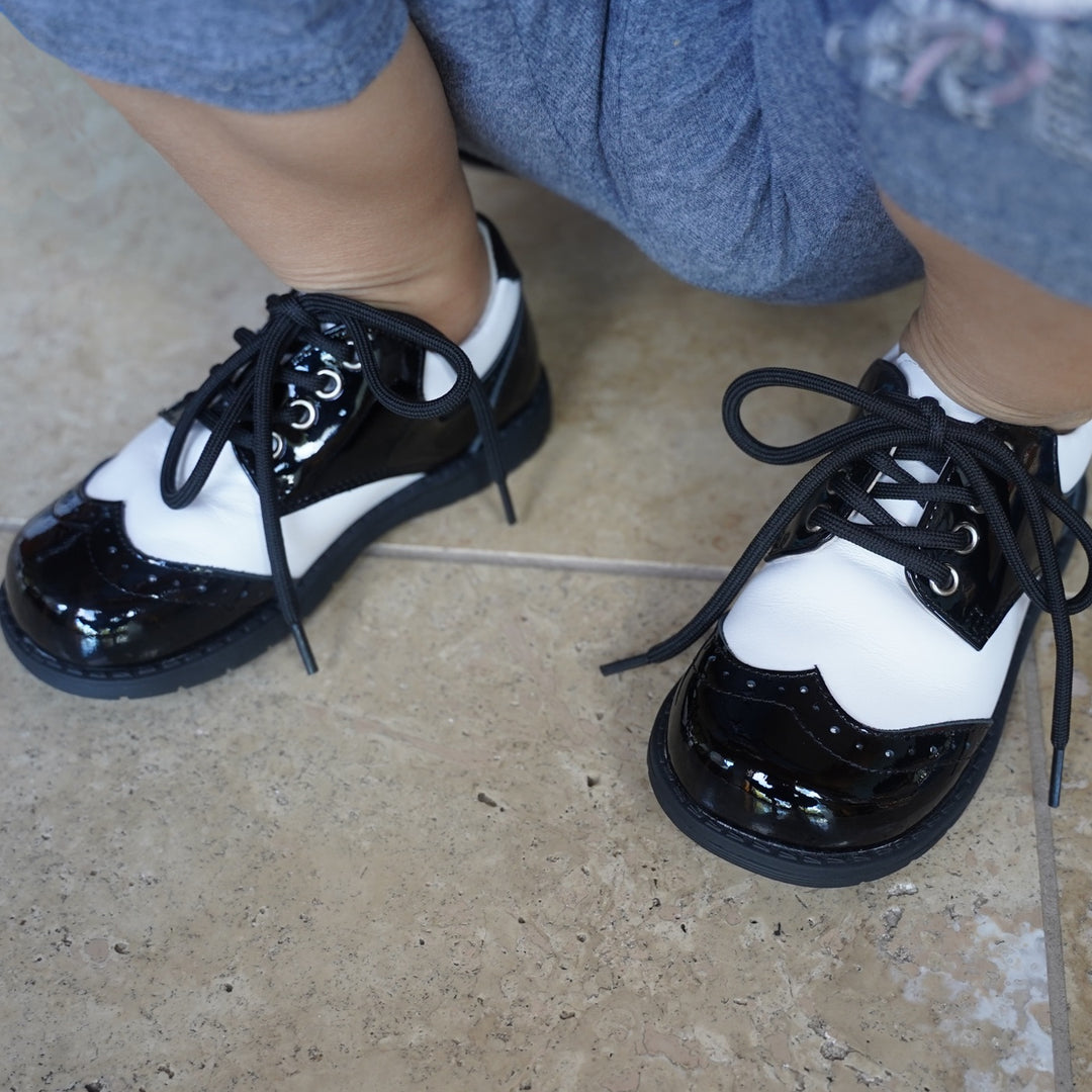 Boys Ainslie Patent Black and White Saddle Dress Shoe – Atti and Anna