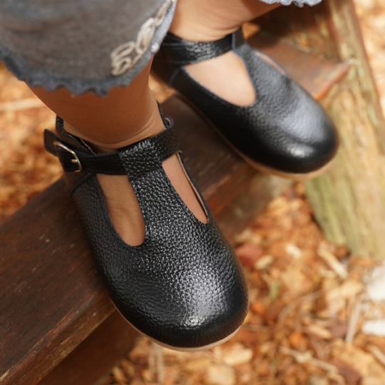 Callum T-Strap Shoe Black Pebbled Leather